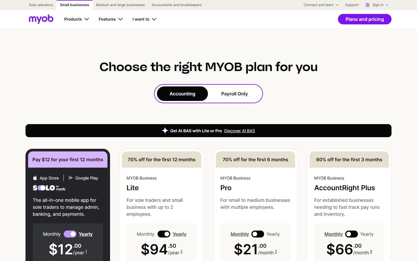 MYOB Australia pricing showing Solo, Business Lite, Business Pro and AccountRight Plus with launch discounts