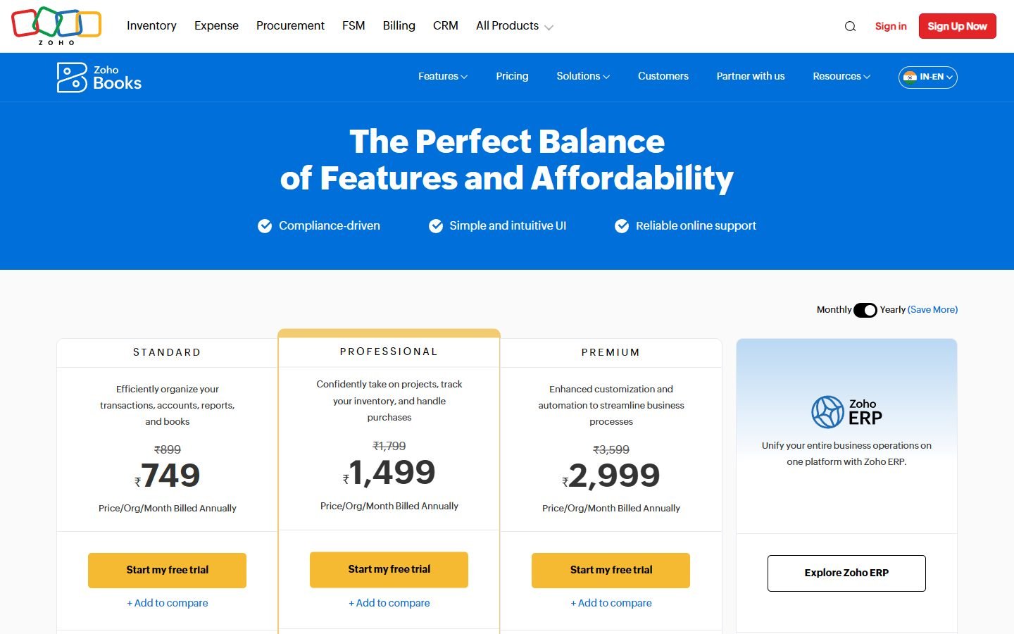 Zoho Books India pricing: Standard ₹749, Professional ₹1,499 and Premium ₹2,999 per month billed yearly