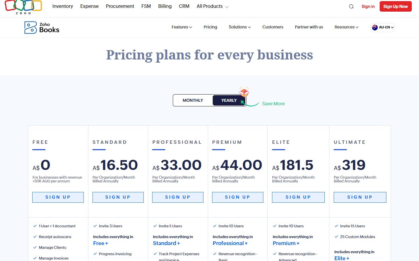 Zoho Books Australia pricing: Free for revenue under 50K AUD, Standard A$16.50, Professional A$33, Premium A$44, Elite A$181.5 and Ultimate A$319