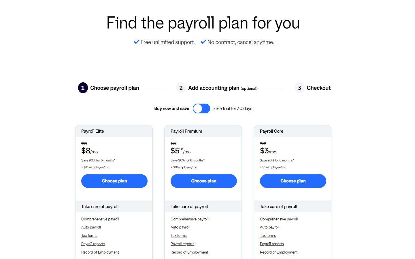 QuickBooks Canada payroll plans: Payroll Core C$30, Premium C$55 and Elite C$80 a month plus per-employee fees
