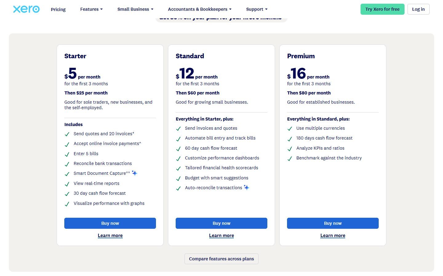 Xero Canada pricing: Starter C$25, Standard C$60 and Premium C$80 a month after 80% off for 3 months