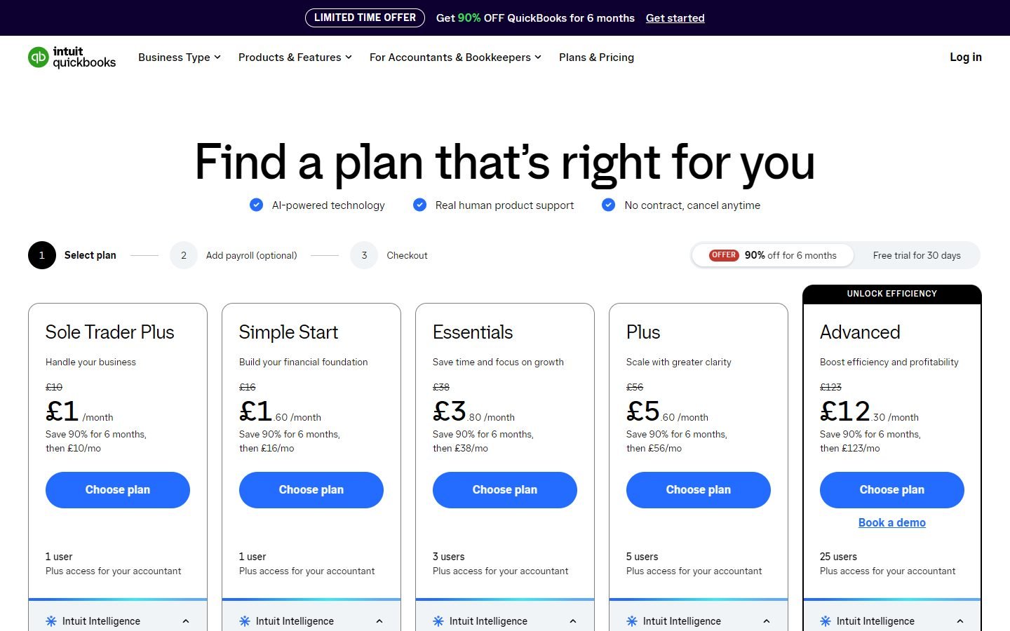 QuickBooks UK pricing: Sole Trader Plus £10, Simple Start £16, Essentials £38, Plus £56 and Advanced £123 a month
