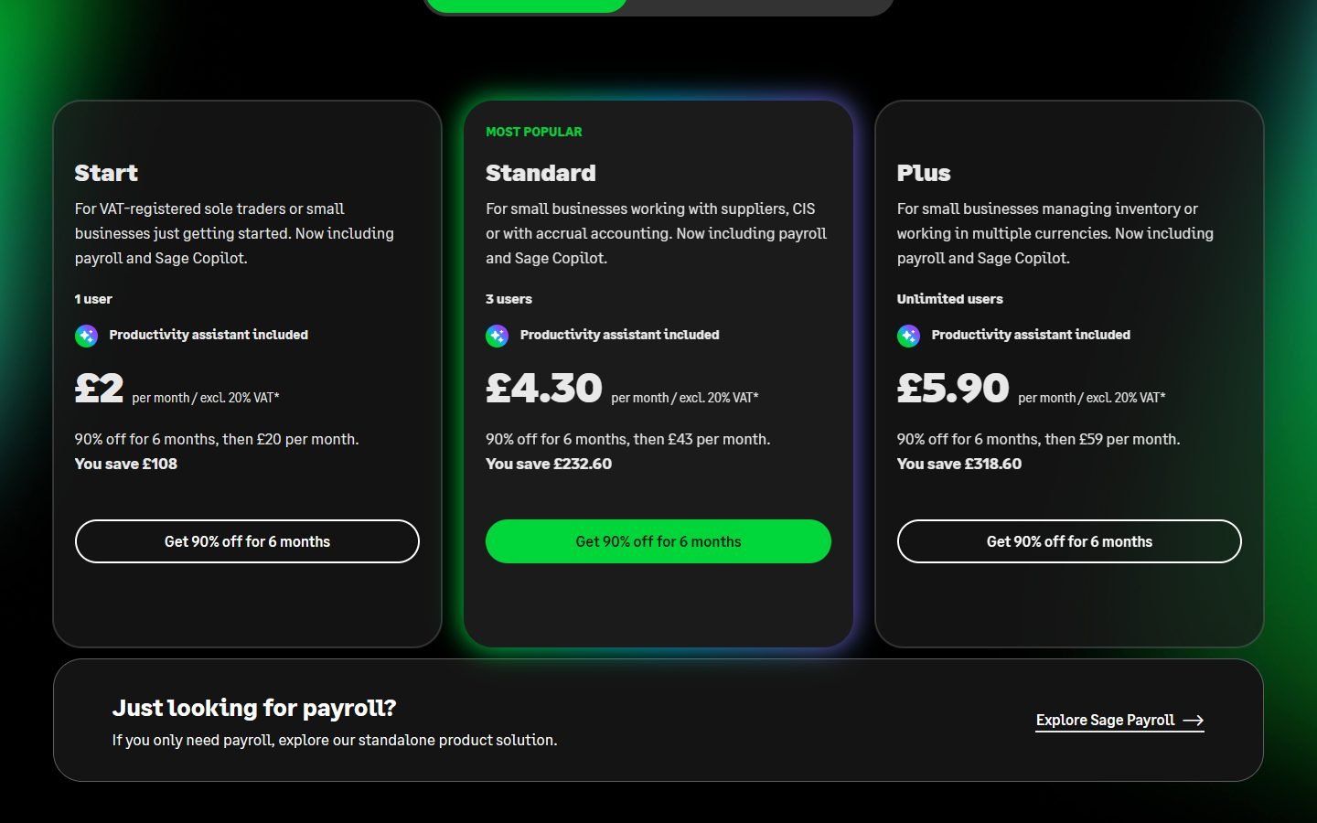 Sage Accounting UK pricing: Start, Standard and Plus plans with payroll included