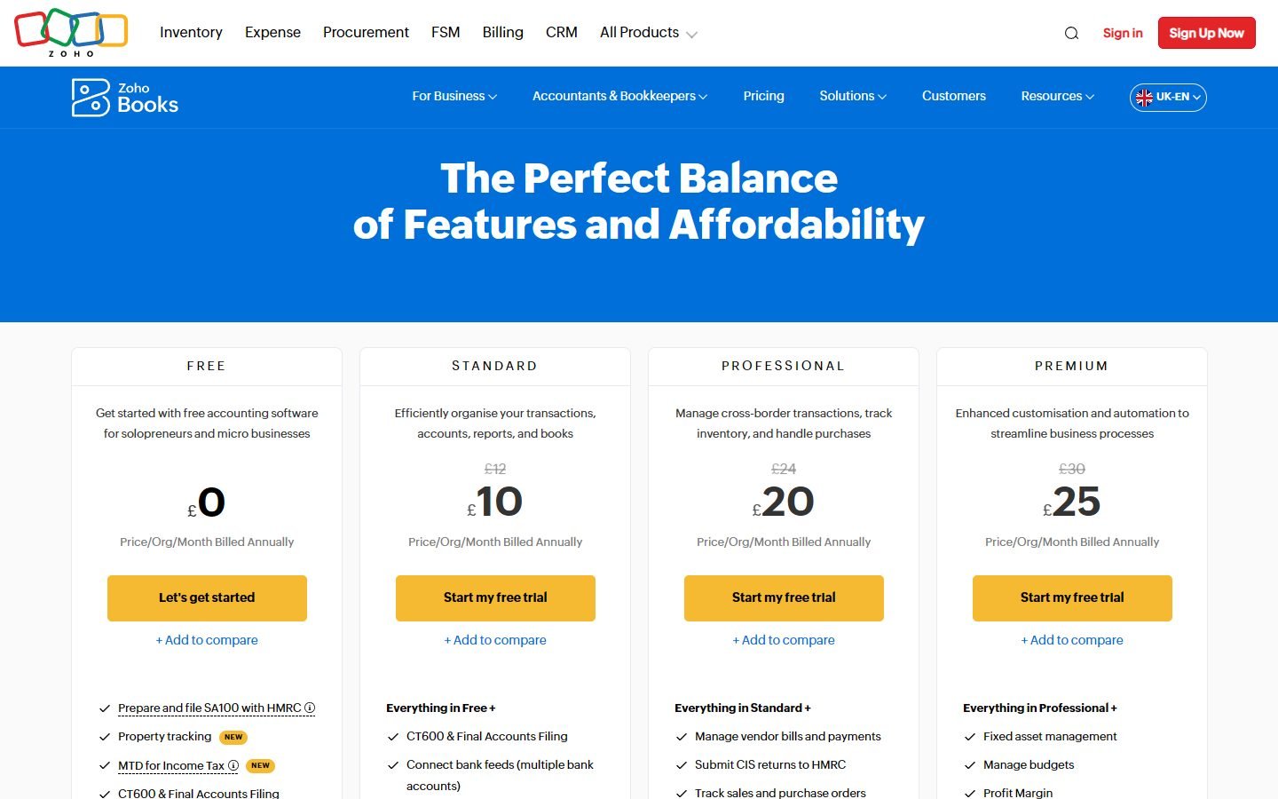 Zoho Books UK pricing: Free plan with SA100 and MTD for Income Tax, Standard, Professional and Premium