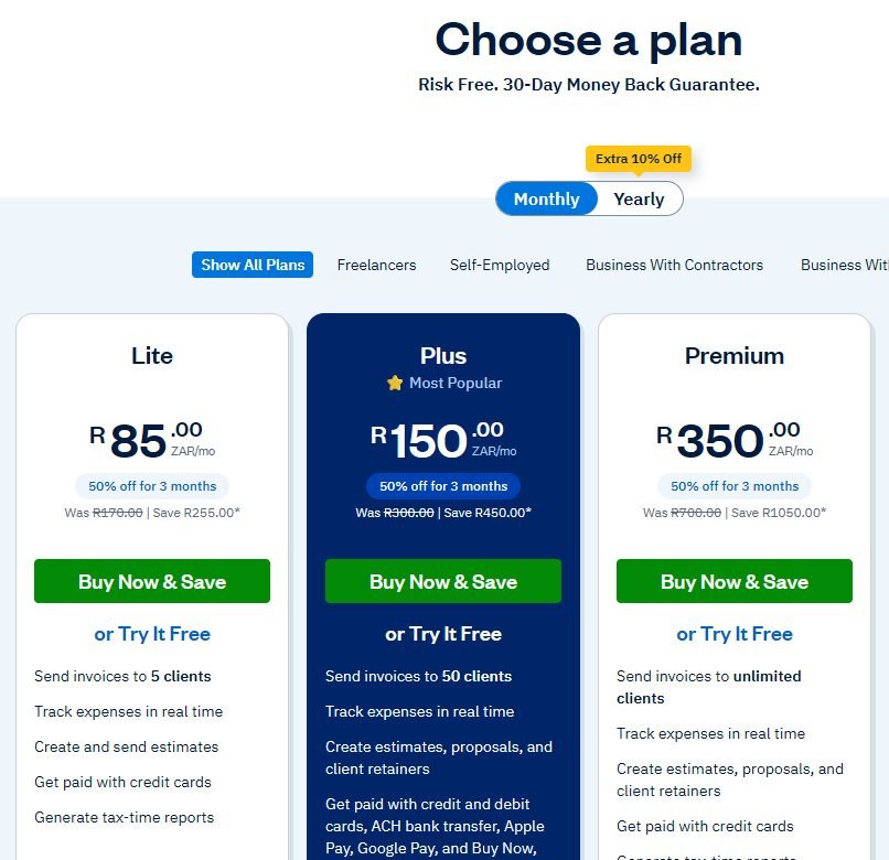 FreshBooks South Africa pricing: Lite R170, Plus R300 and Premium R700 a month, 50% off for 3 months