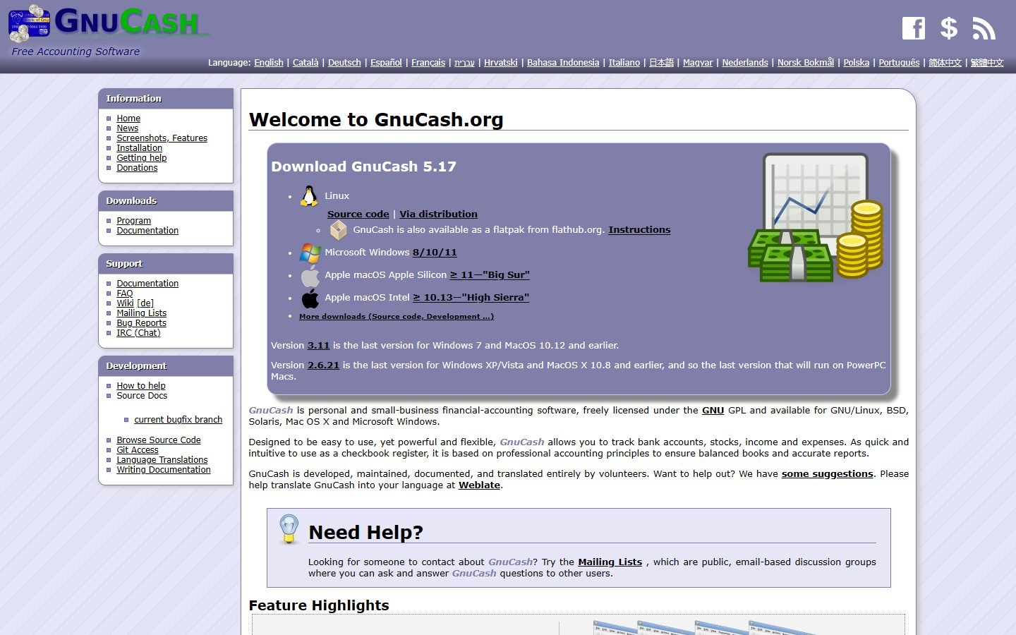 GnuCash.org homepage with download links for GnuCash 5.17 on Linux, Windows and macOS