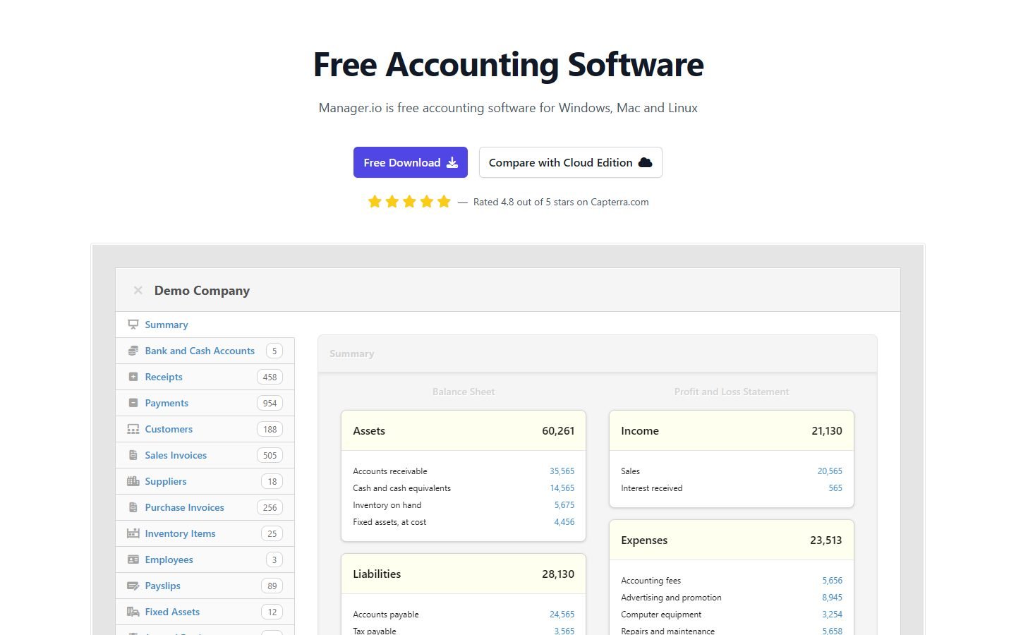Manager.io homepage: free accounting software for Windows, Mac and Linux with a demo company summary