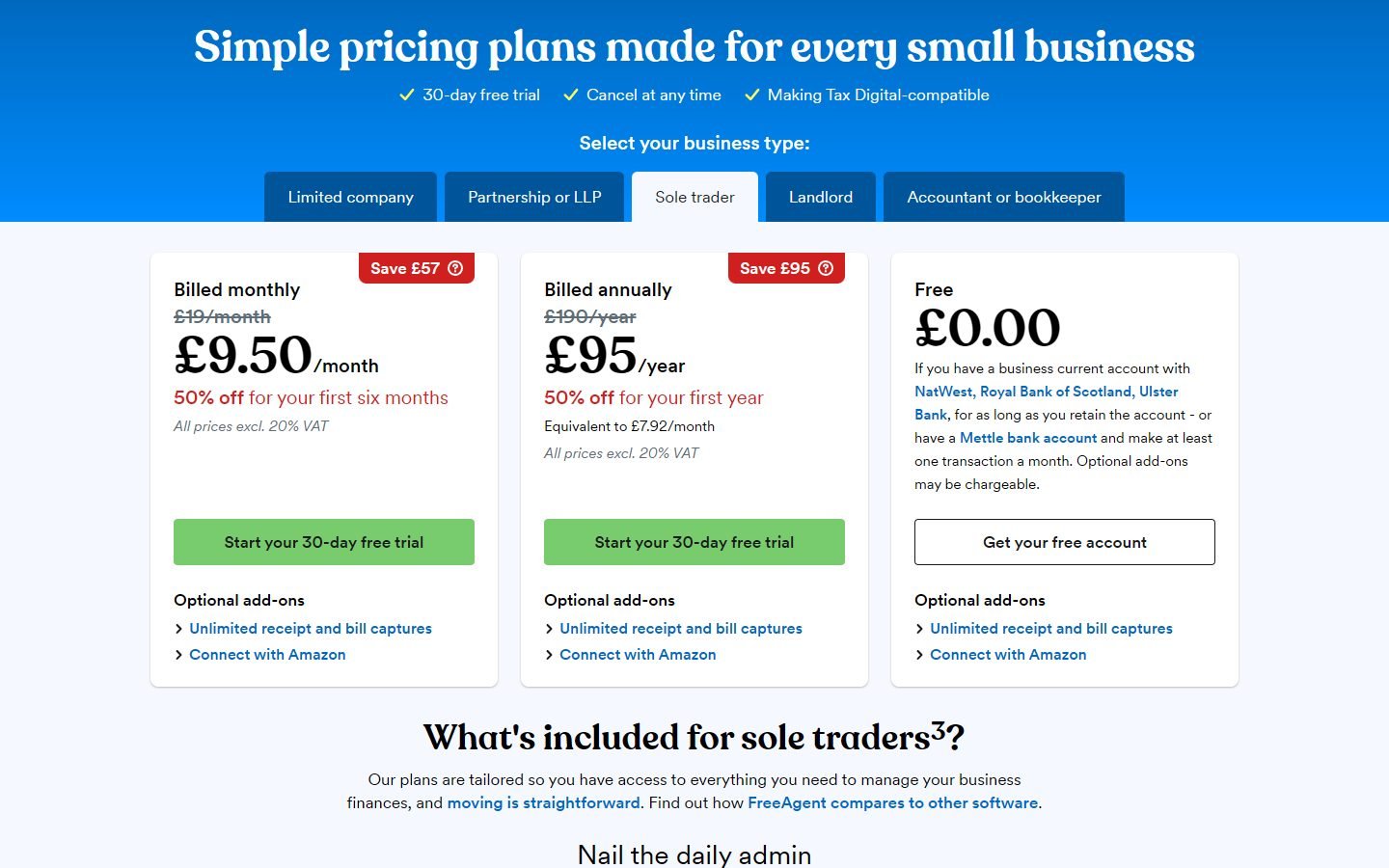 FreeAgent UK sole trader pricing with a free option for eligible bank customers