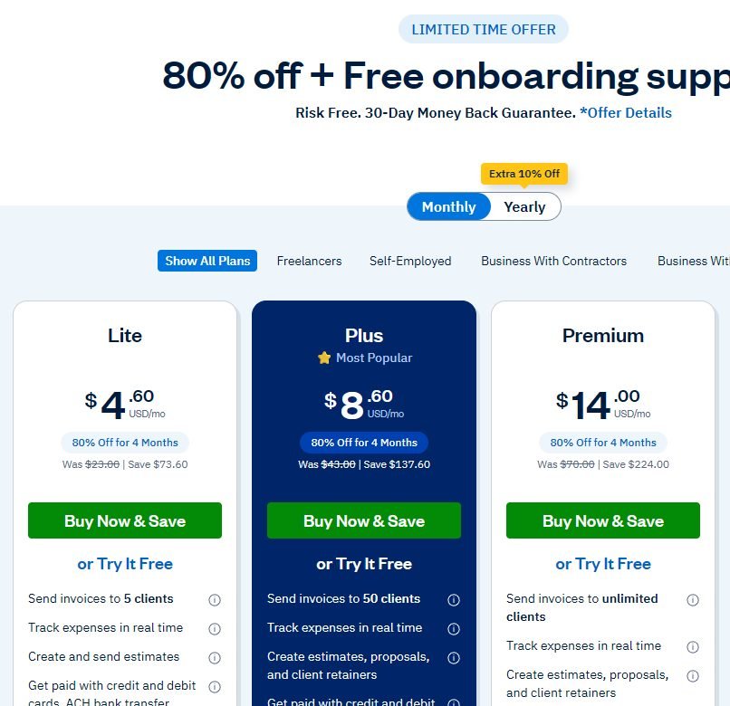 FreshBooks US pricing: Lite, Plus and Premium plans