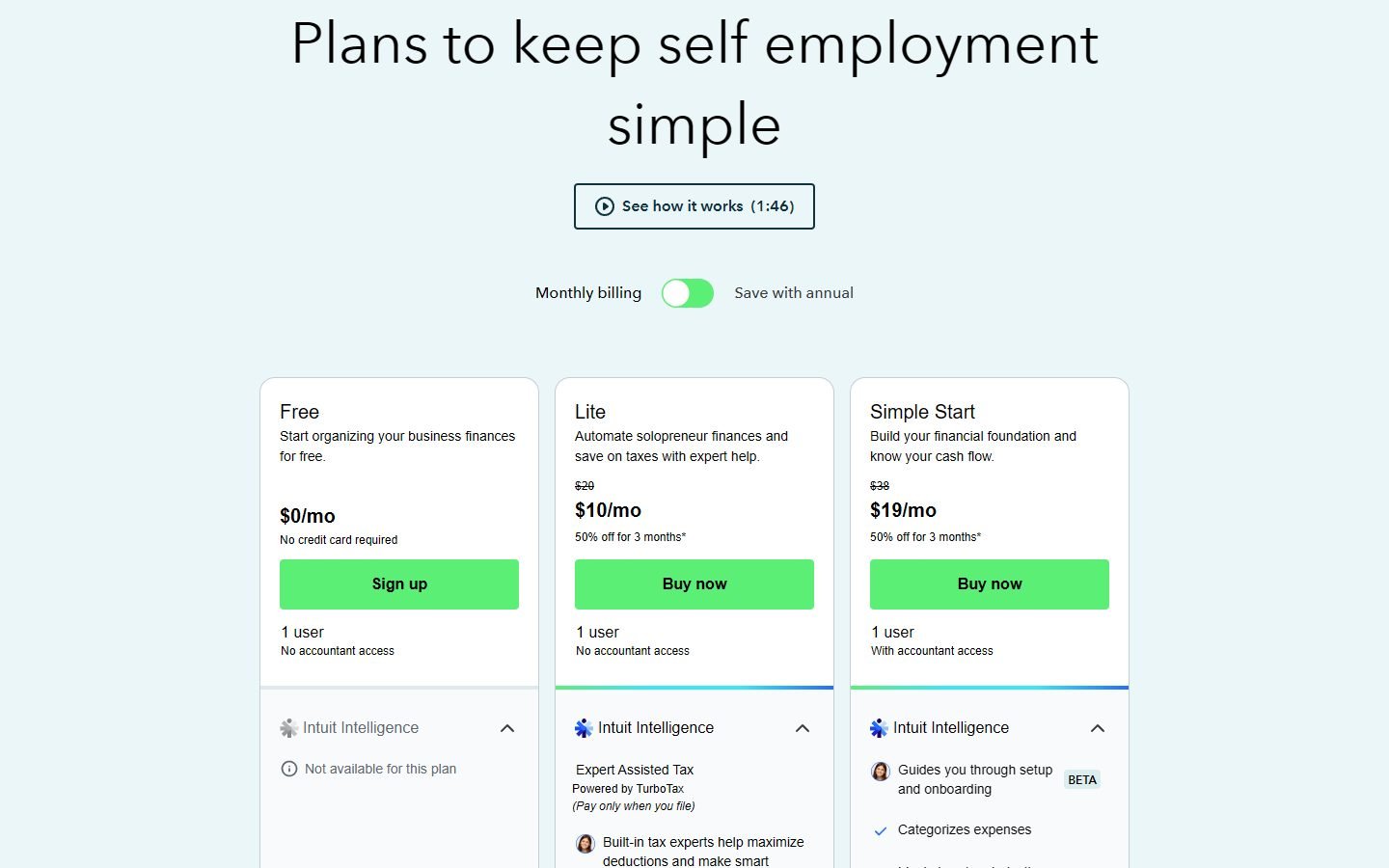QuickBooks Solopreneur plans: Free $0, Lite $20 and Simple Start $38 a month, 1 user each