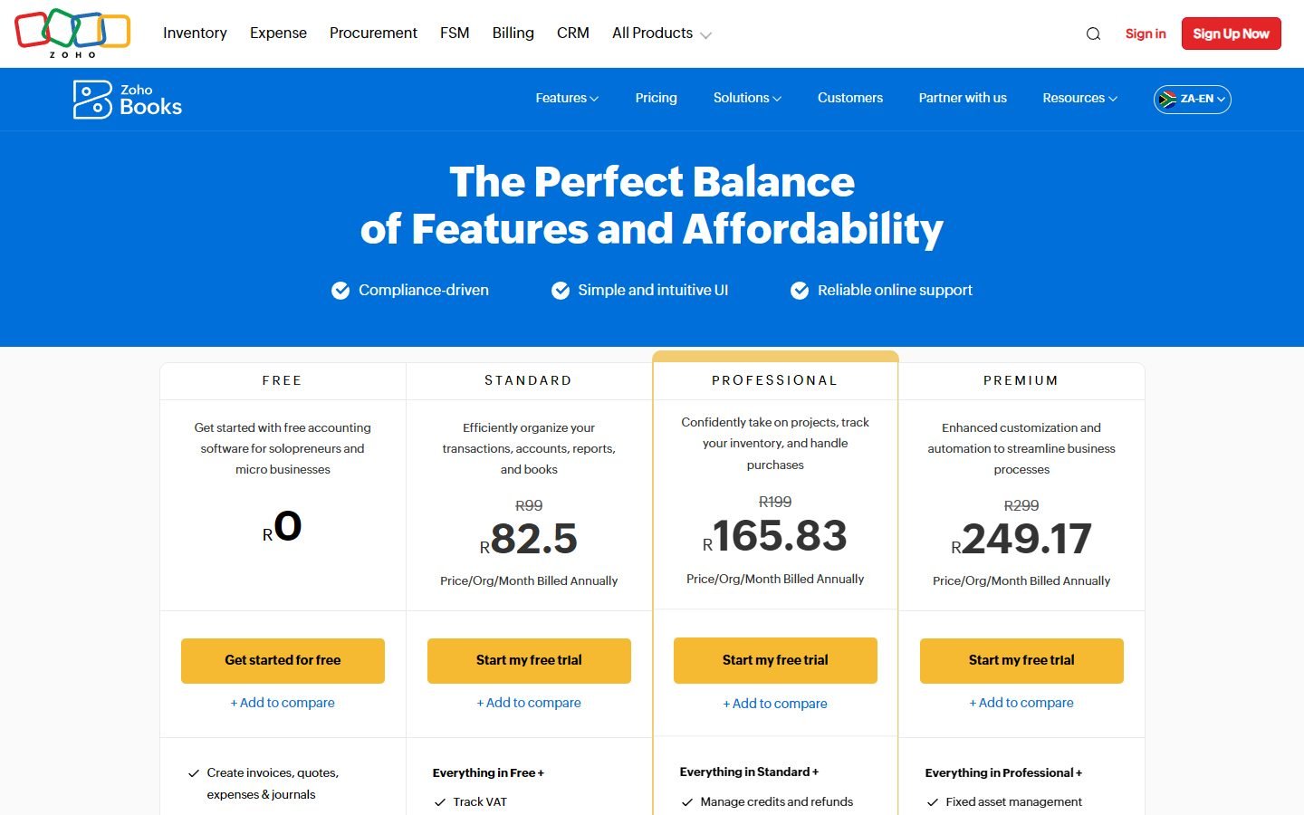 Zoho Books South Africa pricing: Free R0, Standard R82.50, Professional R165.83 and Premium R249.17 a month billed annually