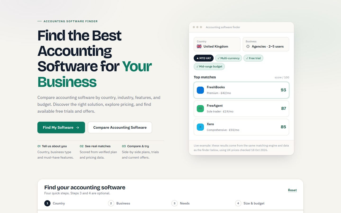 The accounting software finder on our homepage, showing matches scored for a UK agency