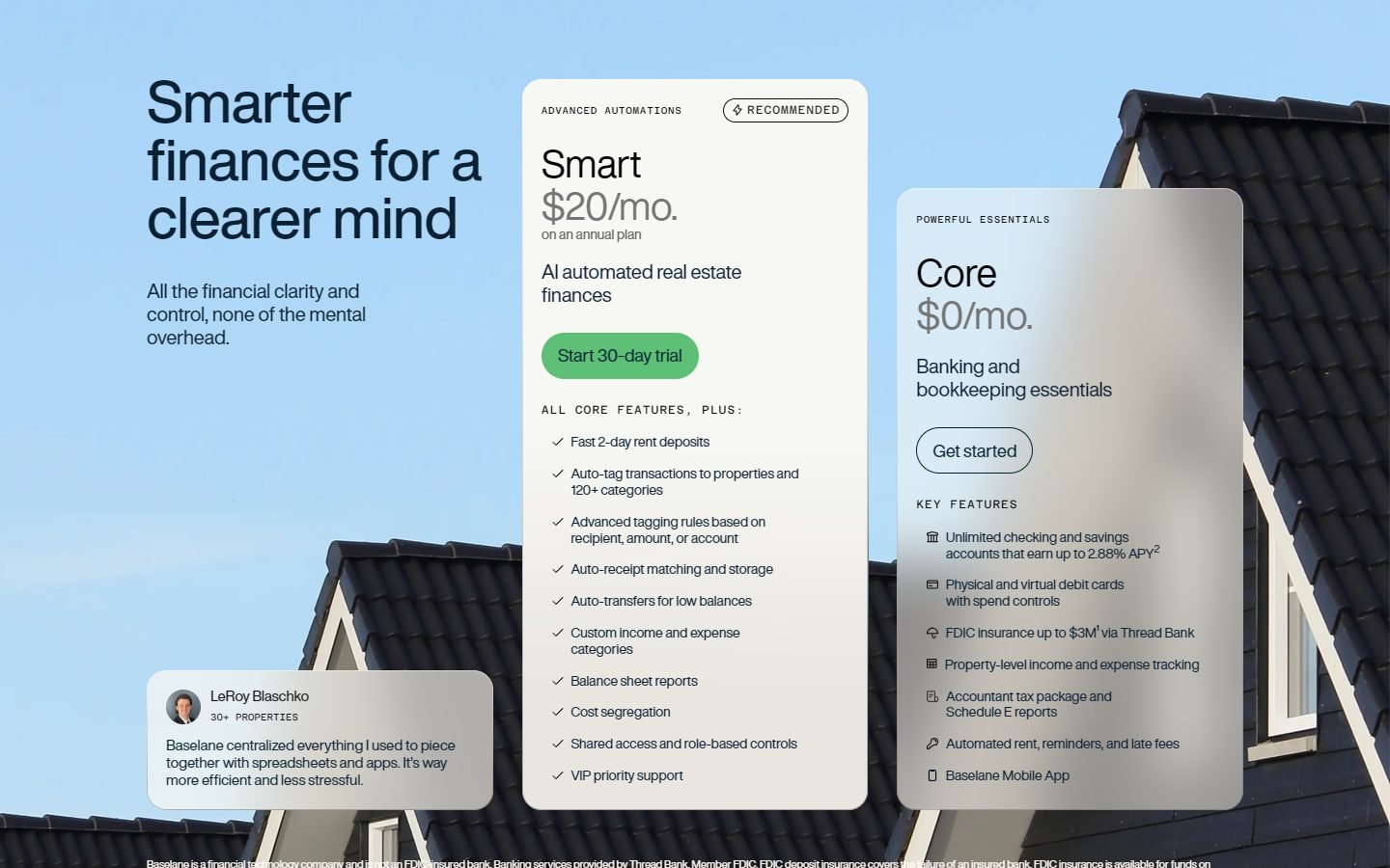 Baselane pricing: Core $0 a month and Smart $20 a month on an annual plan
