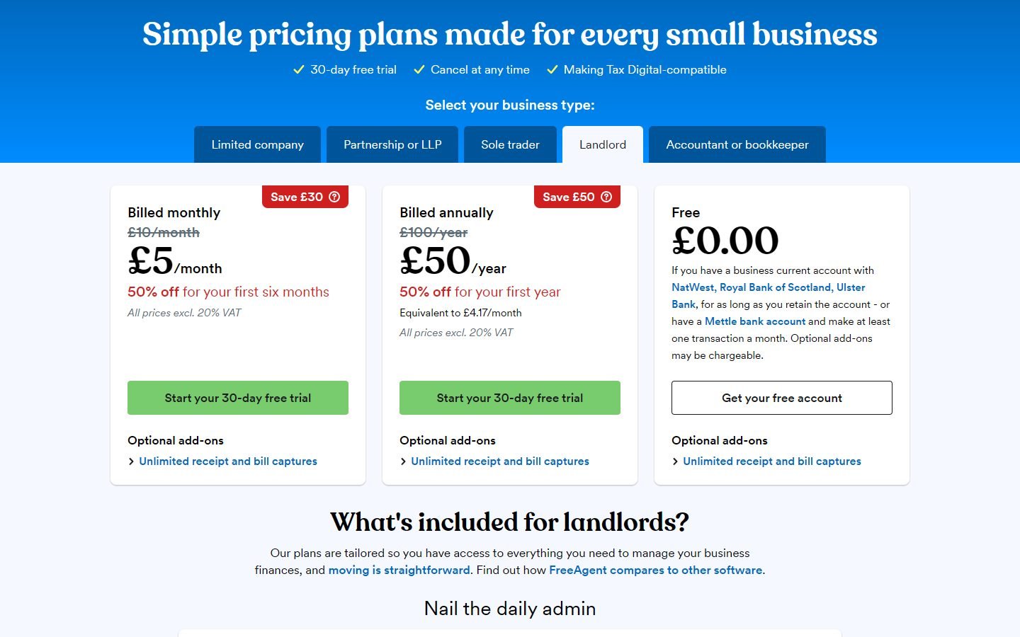 FreeAgent landlord pricing: £10 a month, £100 a year, or free with NatWest, RBS, Ulster Bank or Mettle