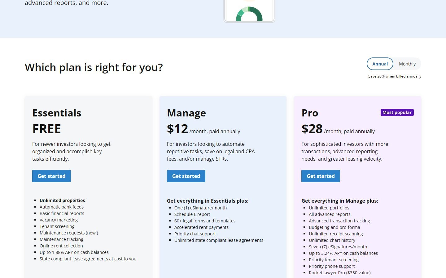 Stessa pricing: Essentials free, Manage $12 and Pro $28 a month paid annually