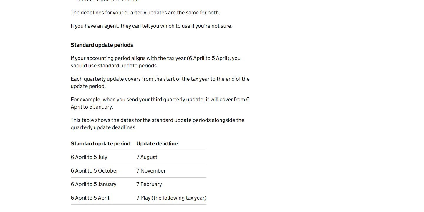GOV.UK table of standard update periods and quarterly update deadlines: 7 August, 7 November, 7 February and 7 May