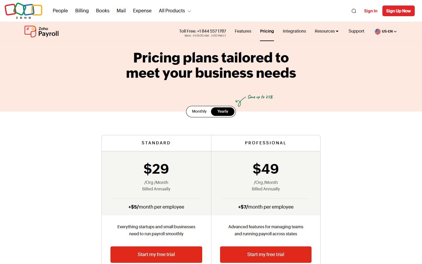 Zoho Payroll US pricing: Standard $29 and Professional $49 per organisation a month billed annually, plus $5 or $7 per employee