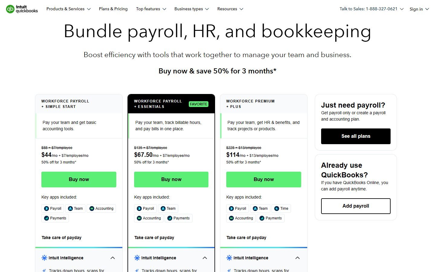 QuickBooks Workforce payroll bundles with Simple Start, Essentials and Plus