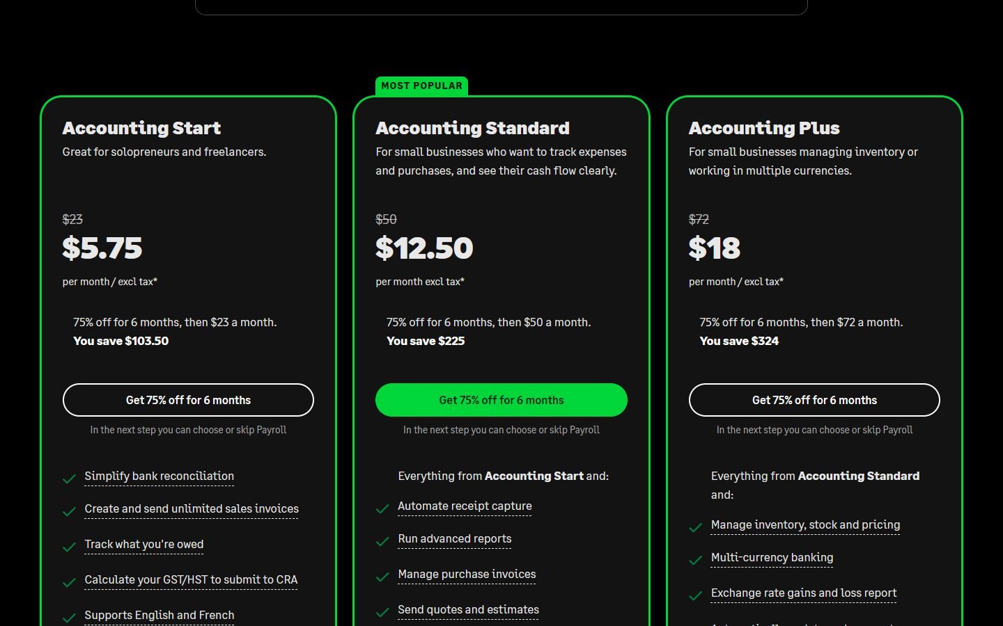Sage Accounting Canada pricing: Start C$23, Standard C$50 and Plus C$72 a month