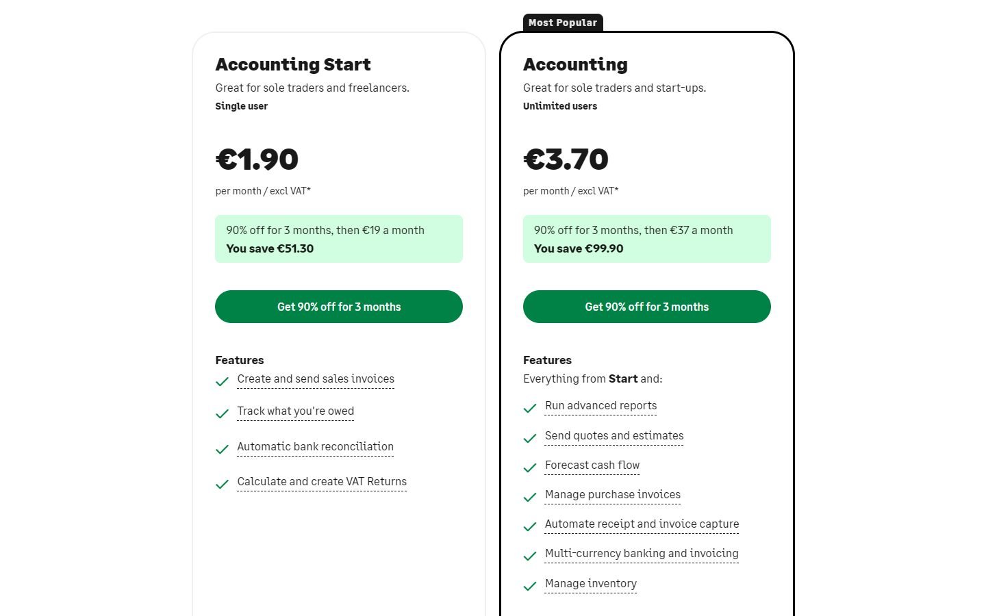 Sage Accounting Ireland: Accounting Start €19 and Accounting €37 a month after 90% off for 3 months