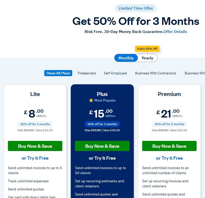 FreshBooks UK pricing: Lite £16, Plus £30 and Premium £42 a month with 50% off for 3 months