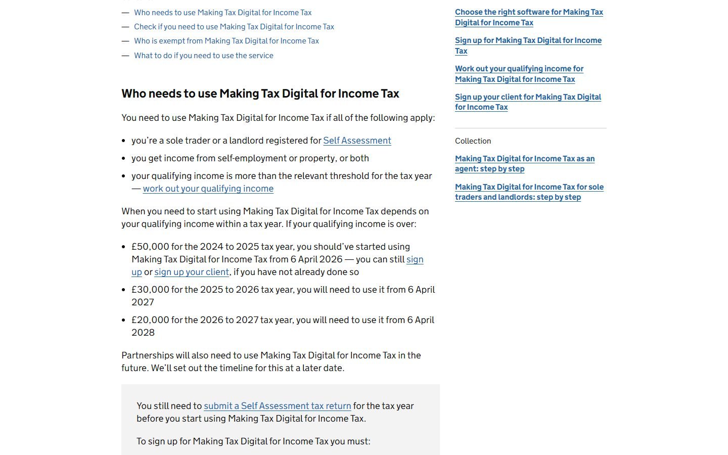 GOV.UK guidance: who needs to use Making Tax Digital for Income Tax, with the £50,000, £30,000 and £20,000 thresholds
