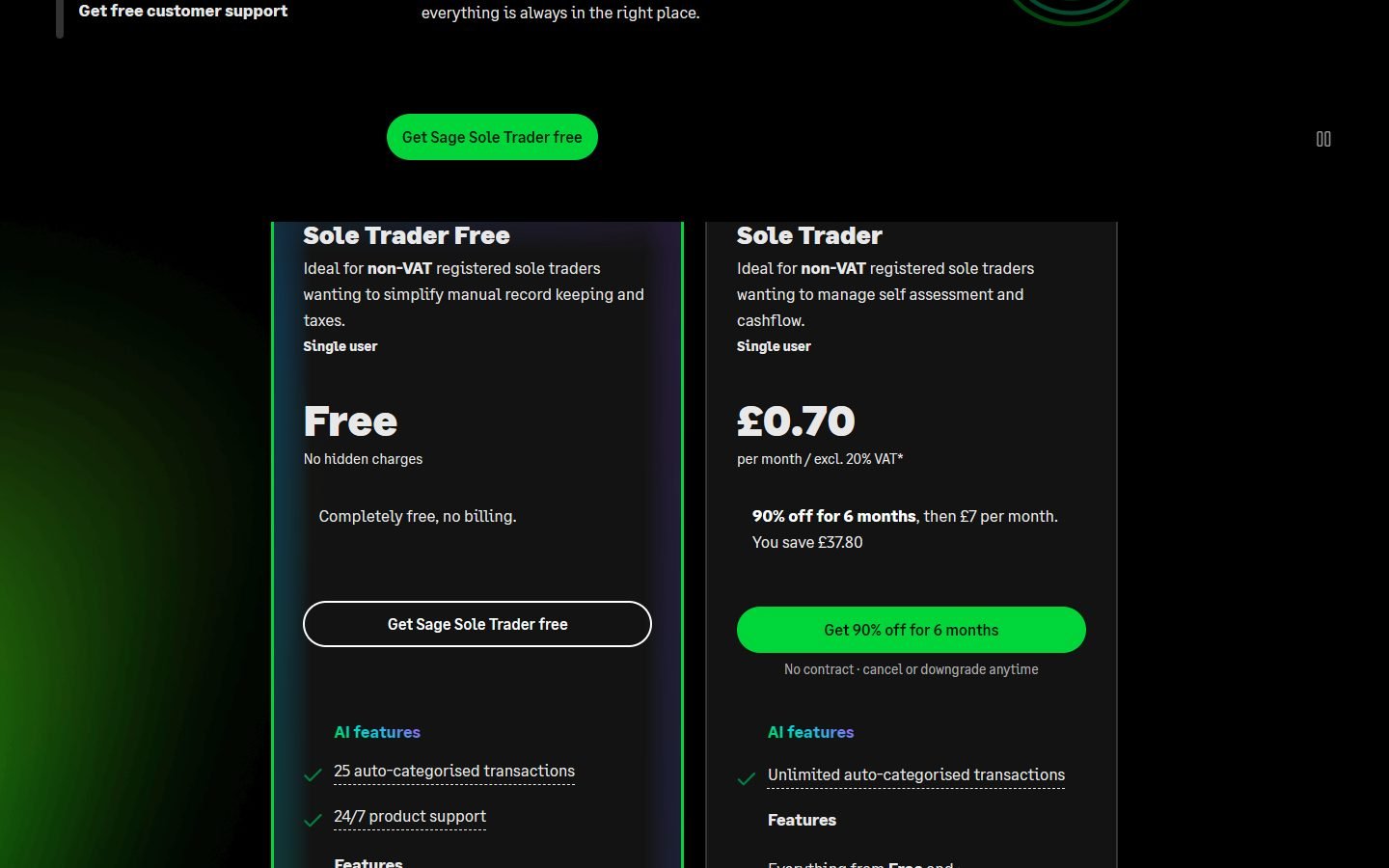 Sage Sole Trader plans: Sole Trader Free and Sole Trader