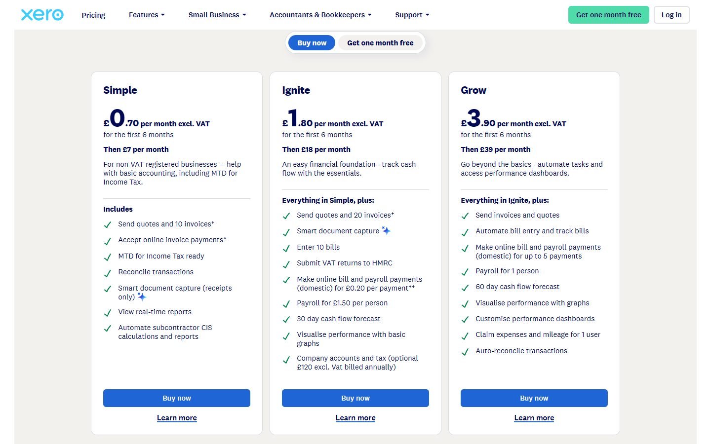 Xero UK pricing for non-VAT registered businesses: Simple £7, Ignite £18 and Grow £39 a month