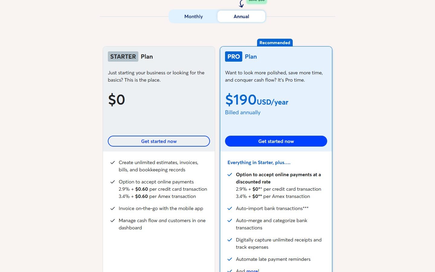 Wave pricing: free Starter plan and Pro at $190 a year