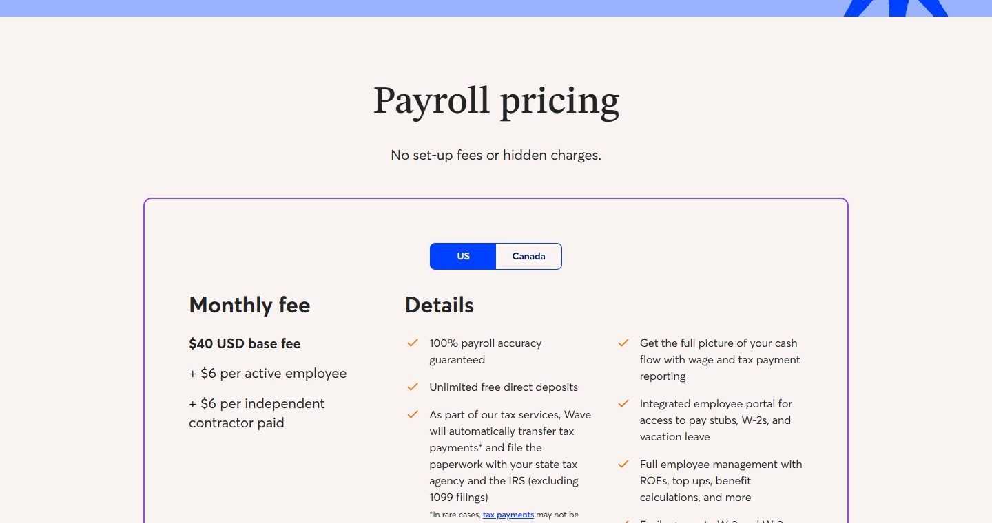 Wave payroll pricing in the US: $40 base fee plus $6 per active employee and $6 per contractor paid