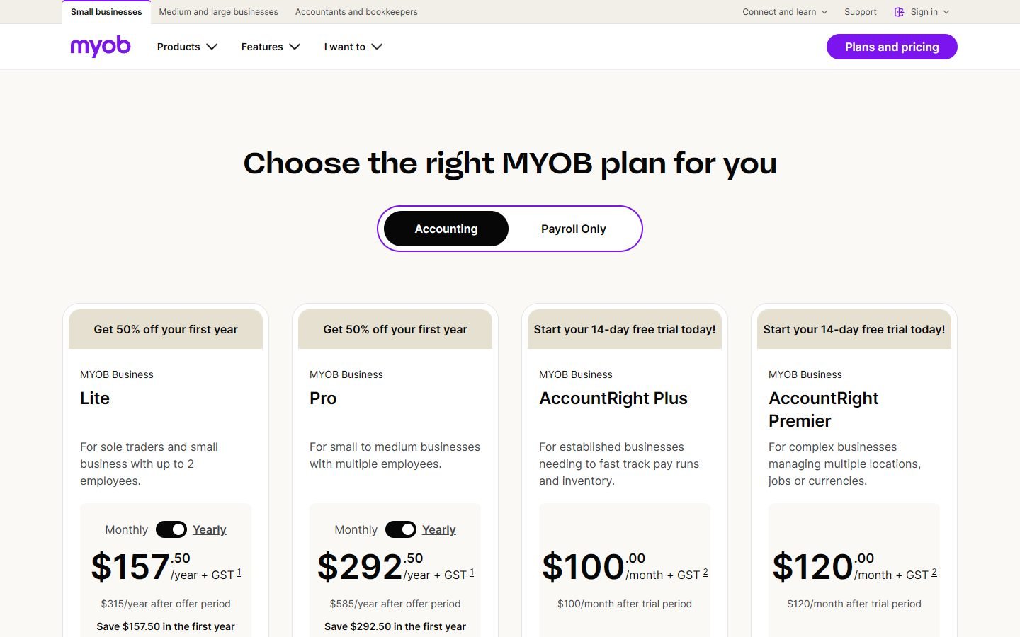 MYOB New Zealand plans: Lite NZ$315 a year, Pro NZ$585 a year, AccountRight Plus NZ$100 and Premier NZ$120 a month, excluding GST