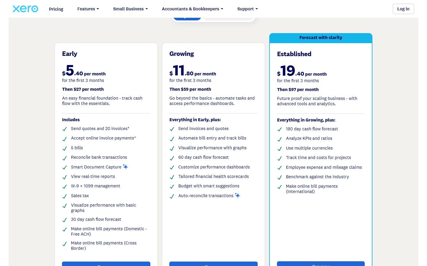 Xero US pricing: Early $27, Growing $59 and Established $97 a month