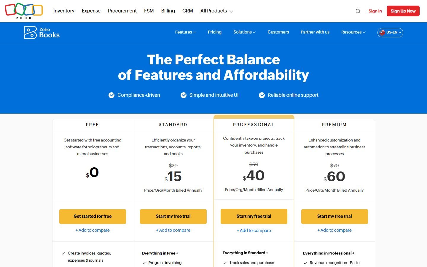 Zoho Books US pricing: Free, Standard, Professional, Premium, Elite and Ultimate