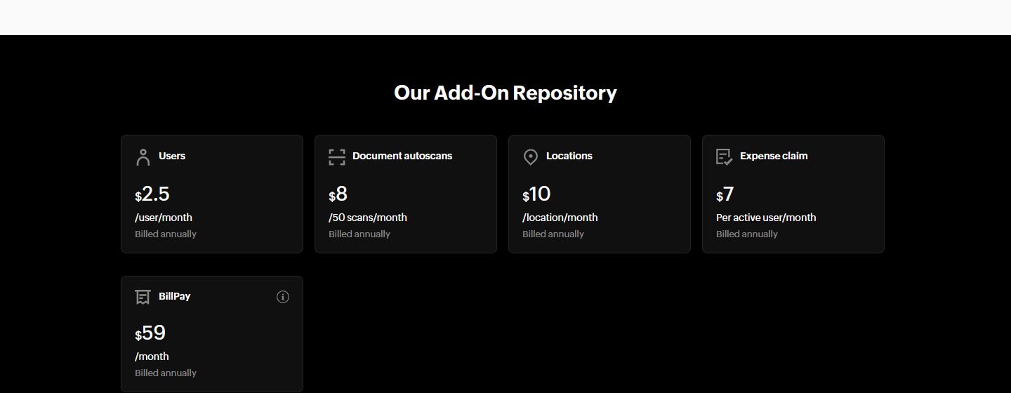Zoho Books US add-on prices for users, autoscans, locations, expense claims and BillPay