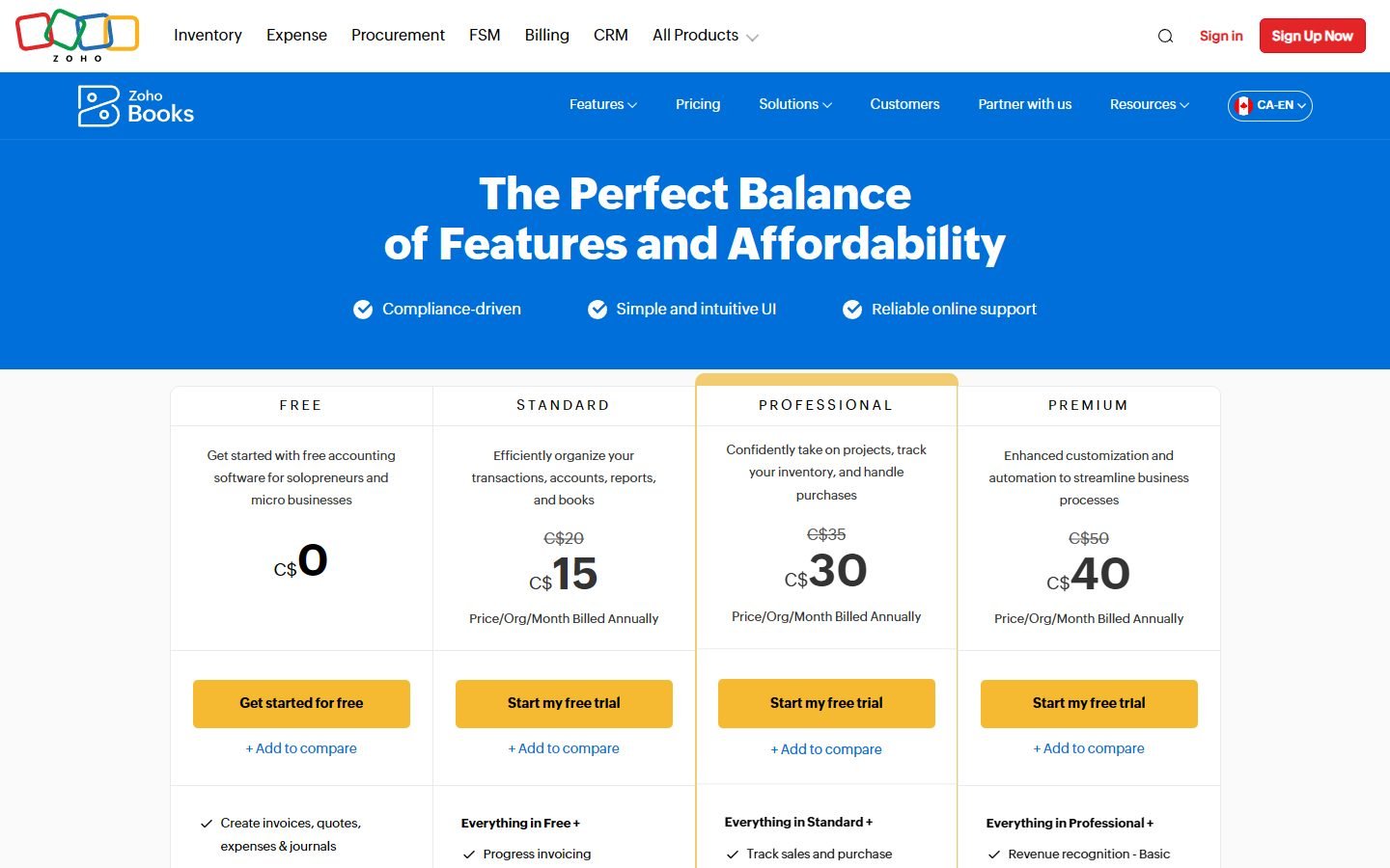 Zoho Books Canada pricing: Free, Standard C$15, Professional C$30 and Premium C$40 billed annually