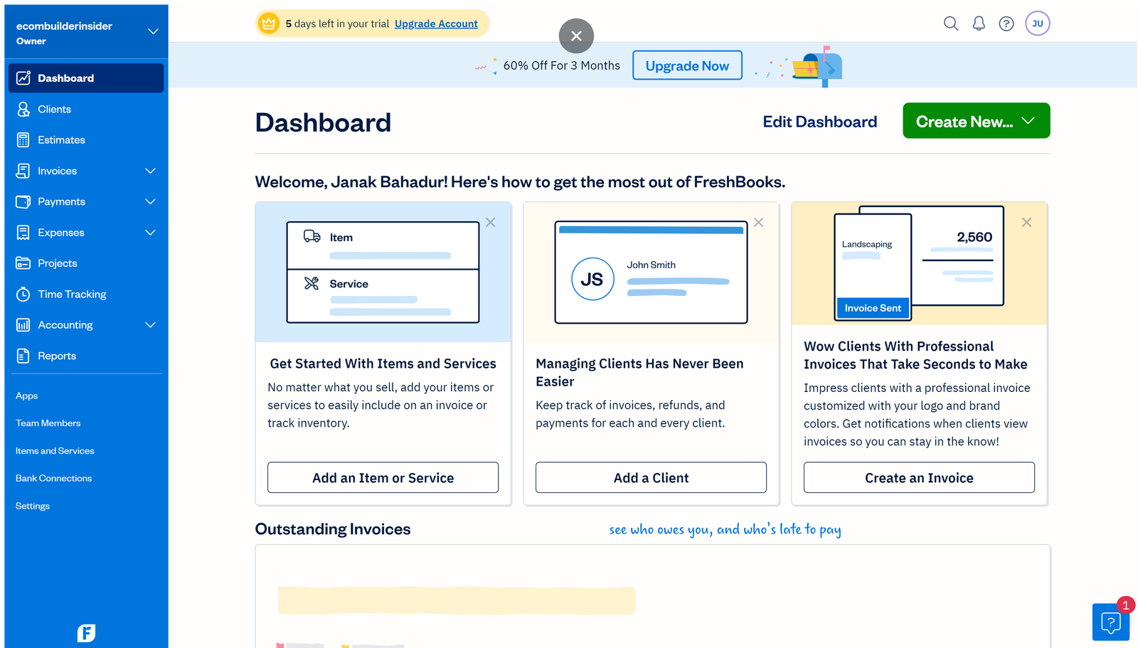FreshBooks simple user dashboard