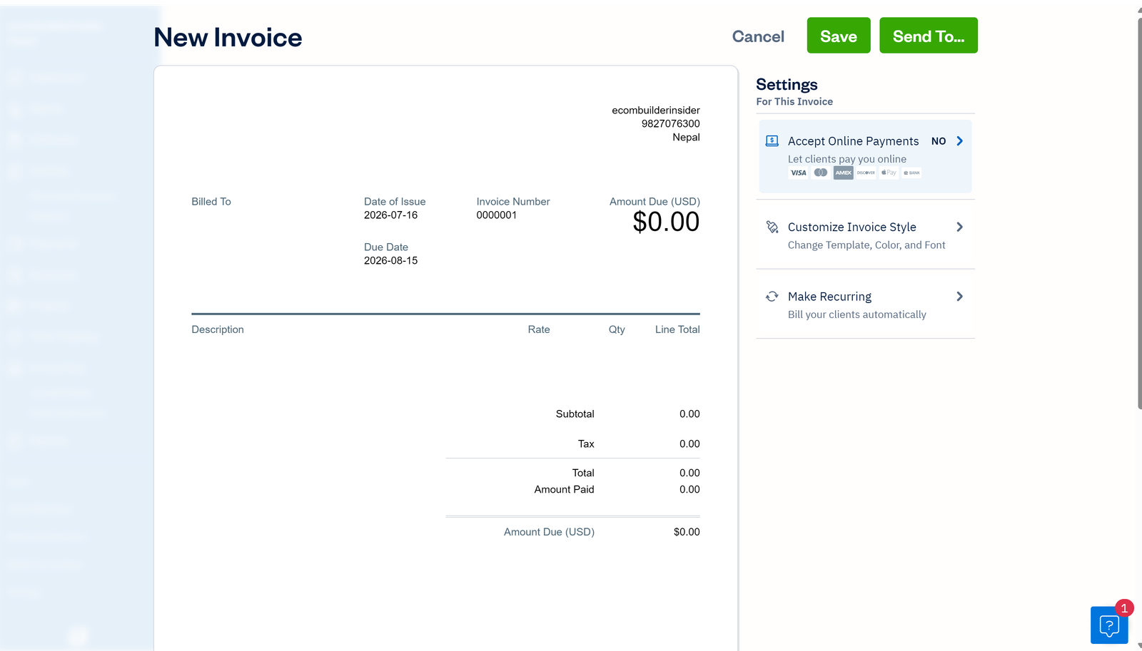 FreshBooks client invoice builder