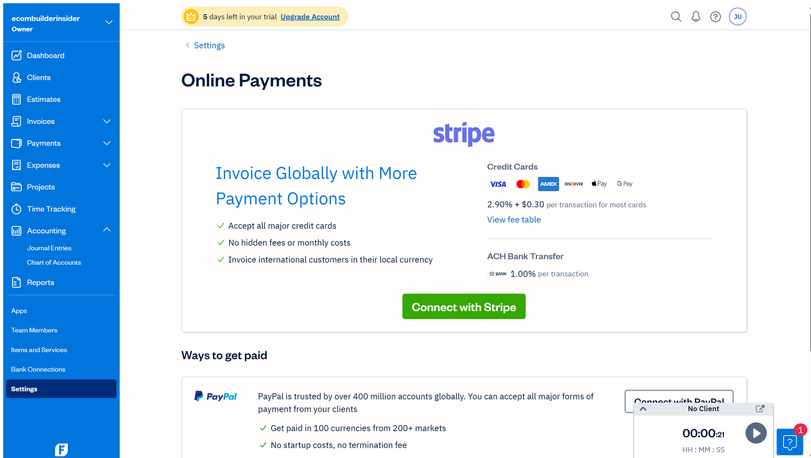 FreshBooks integrated payment processing checkout screen