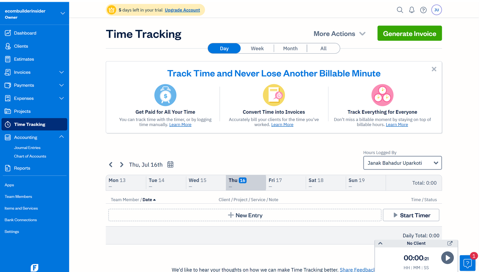 FreshBooks stopwatch timer for client projects