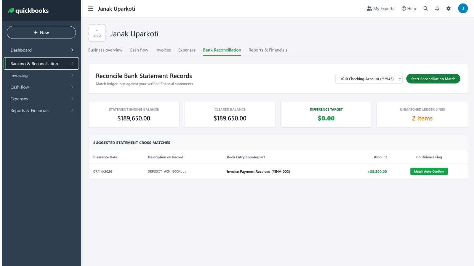 QuickBooks Online bank reconciliation interface
