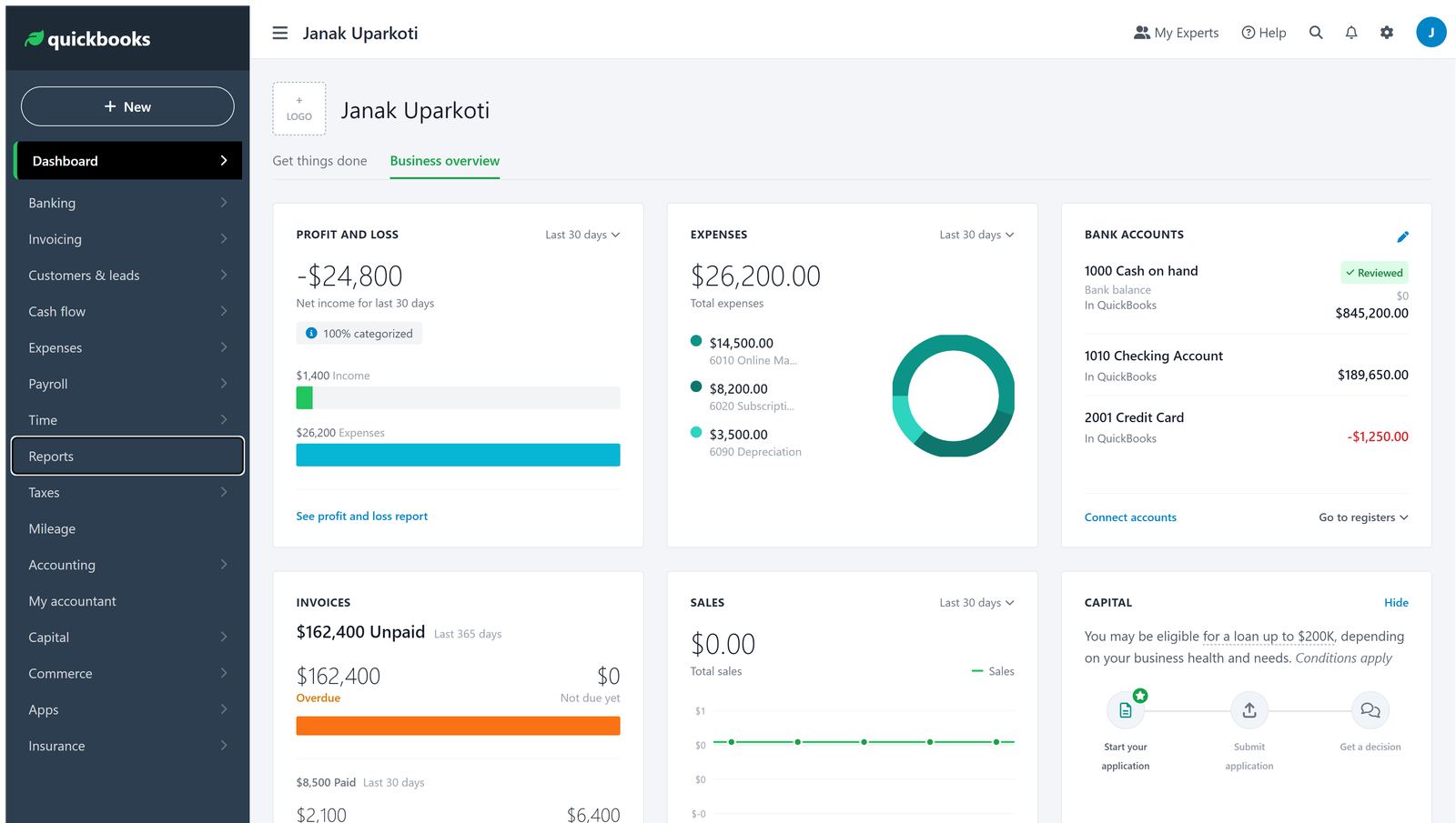 QuickBooks Online central dashboard showing income, expenses, bank accounts, and invoices