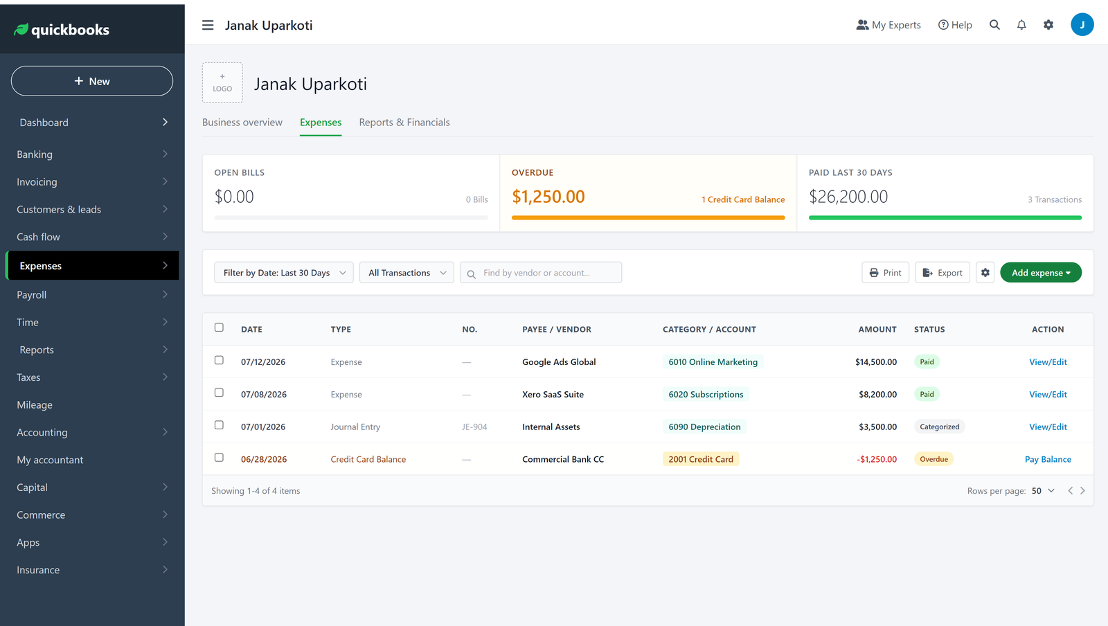 QuickBooks Online expense transaction log and categorized business spending