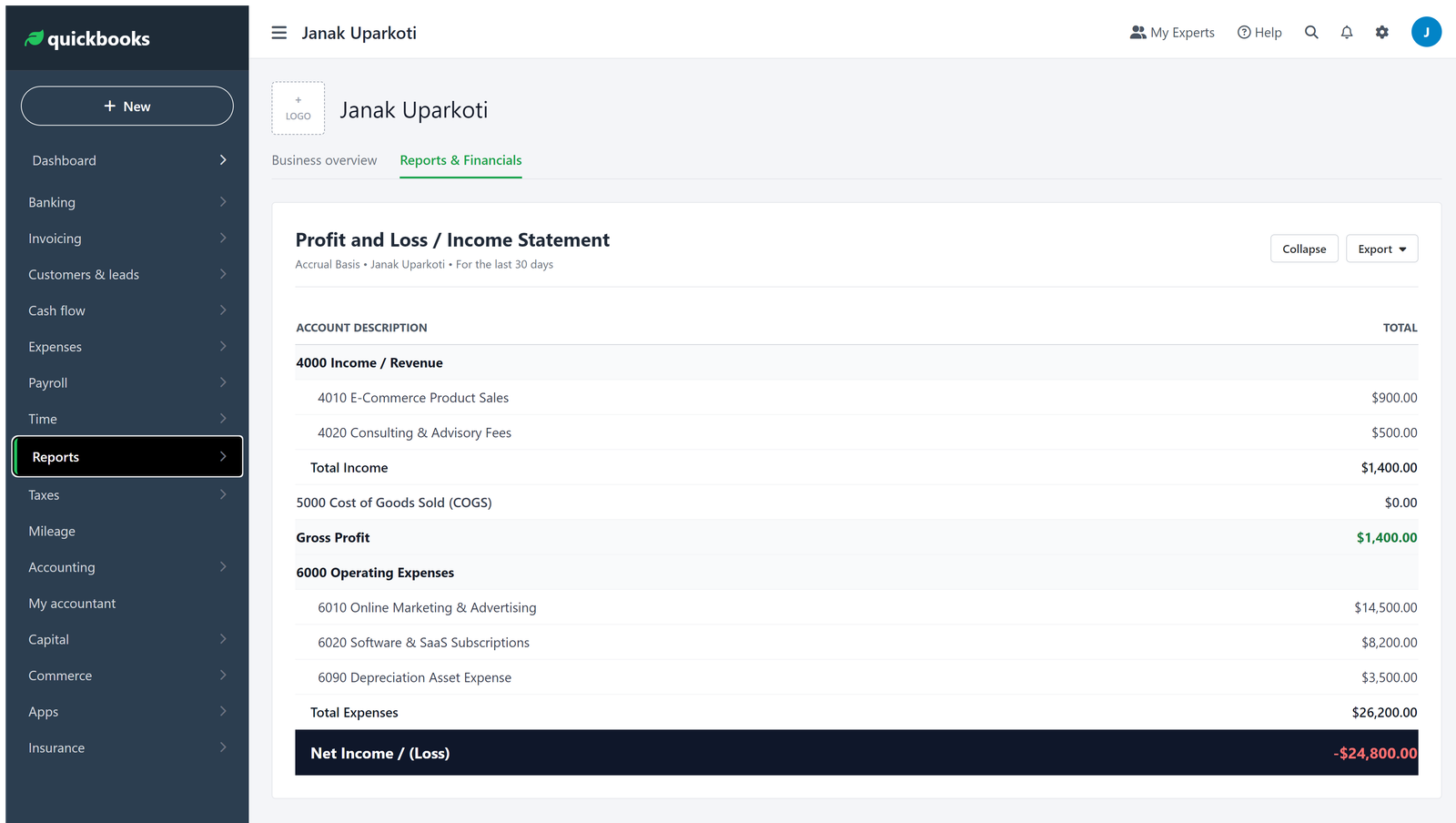 QuickBooks Online standard tax reporting center