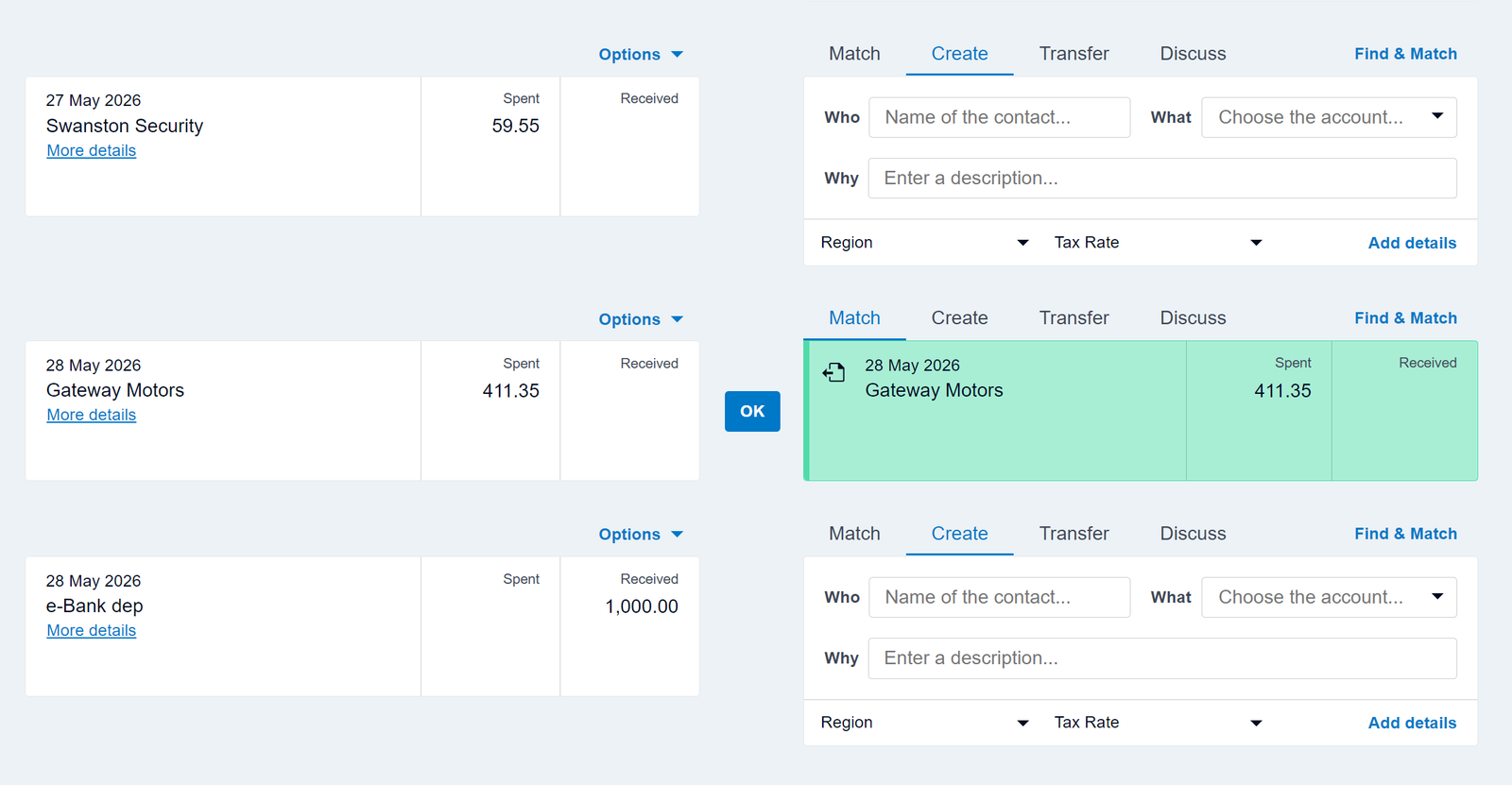 Xero side-by-side bank reconciliation screen