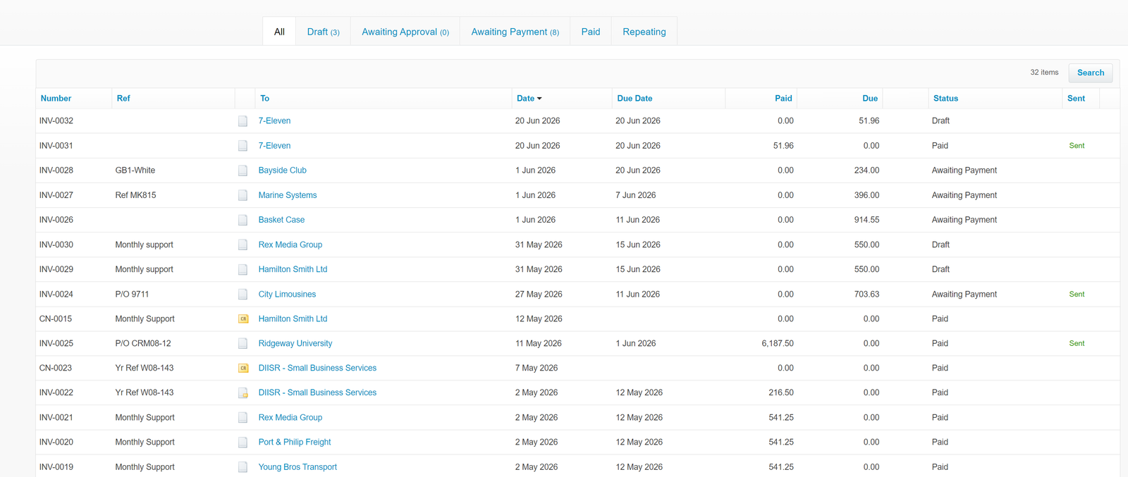 Xero invoice management list with paid and unpaid status tracking
